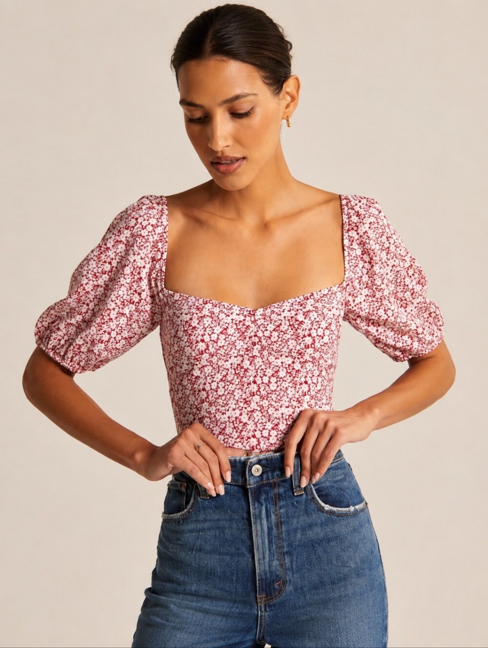 Abercrombie & Fitch Ditsy Floral Puff Sleeve Crop Top Size M Red Sweetheart Neck